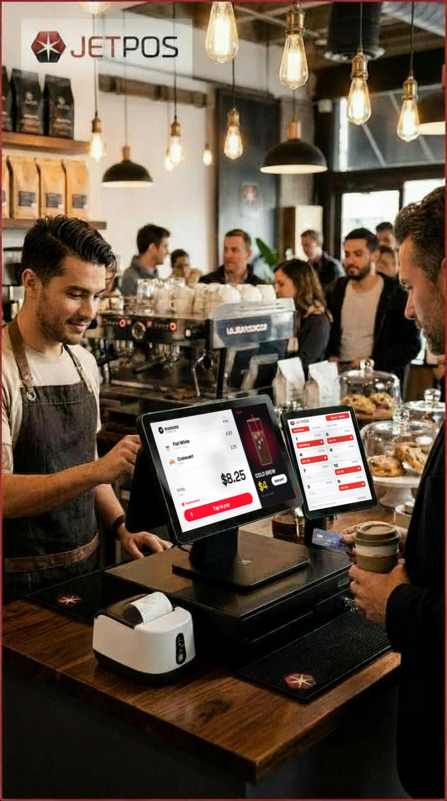 A customer tapping to pay while the Topaz station shows their itemised order, the total and a featured drink offer