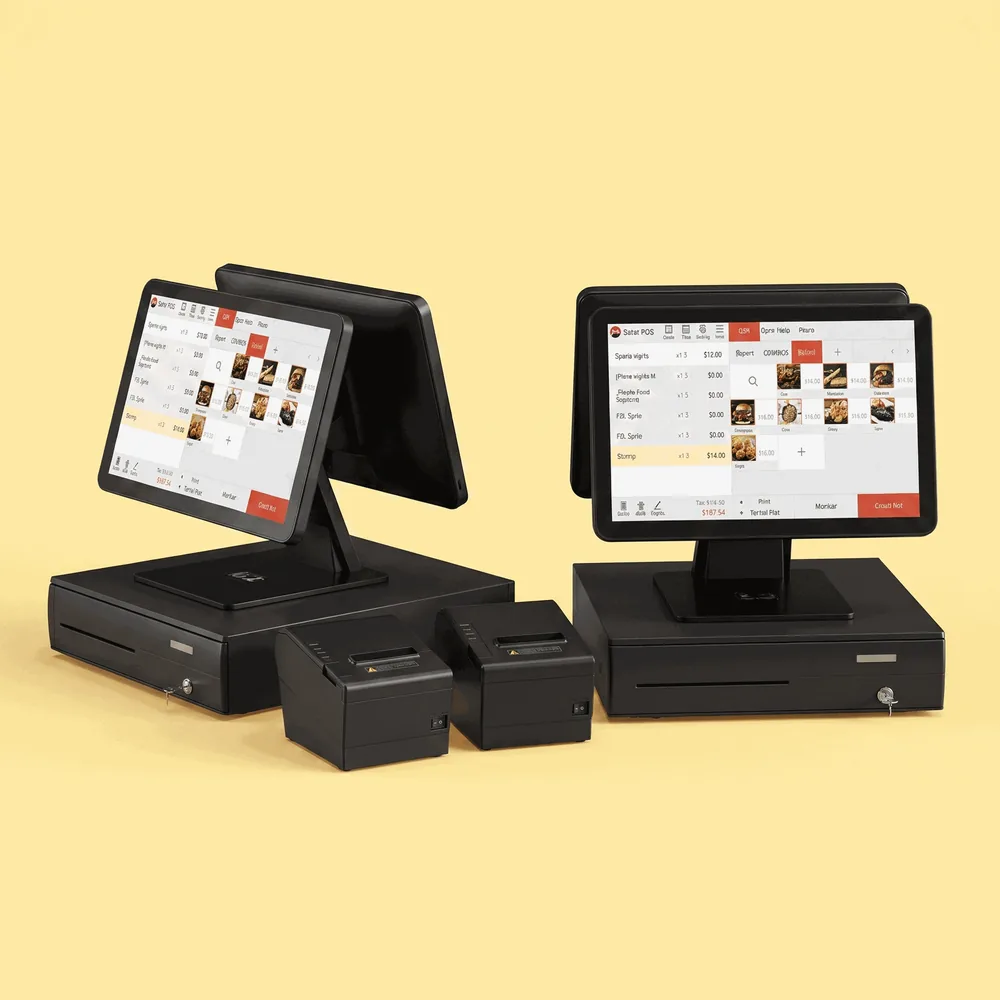 JET Onyx Duo Bundle — two Onyx dual-screen POS stations with two 80mm receipt printers