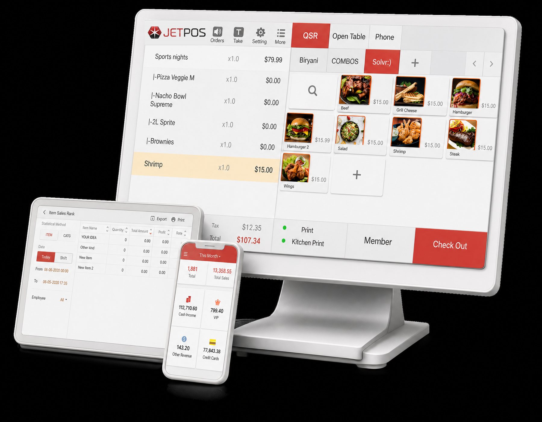JET POS software running on a station, tablet and phone