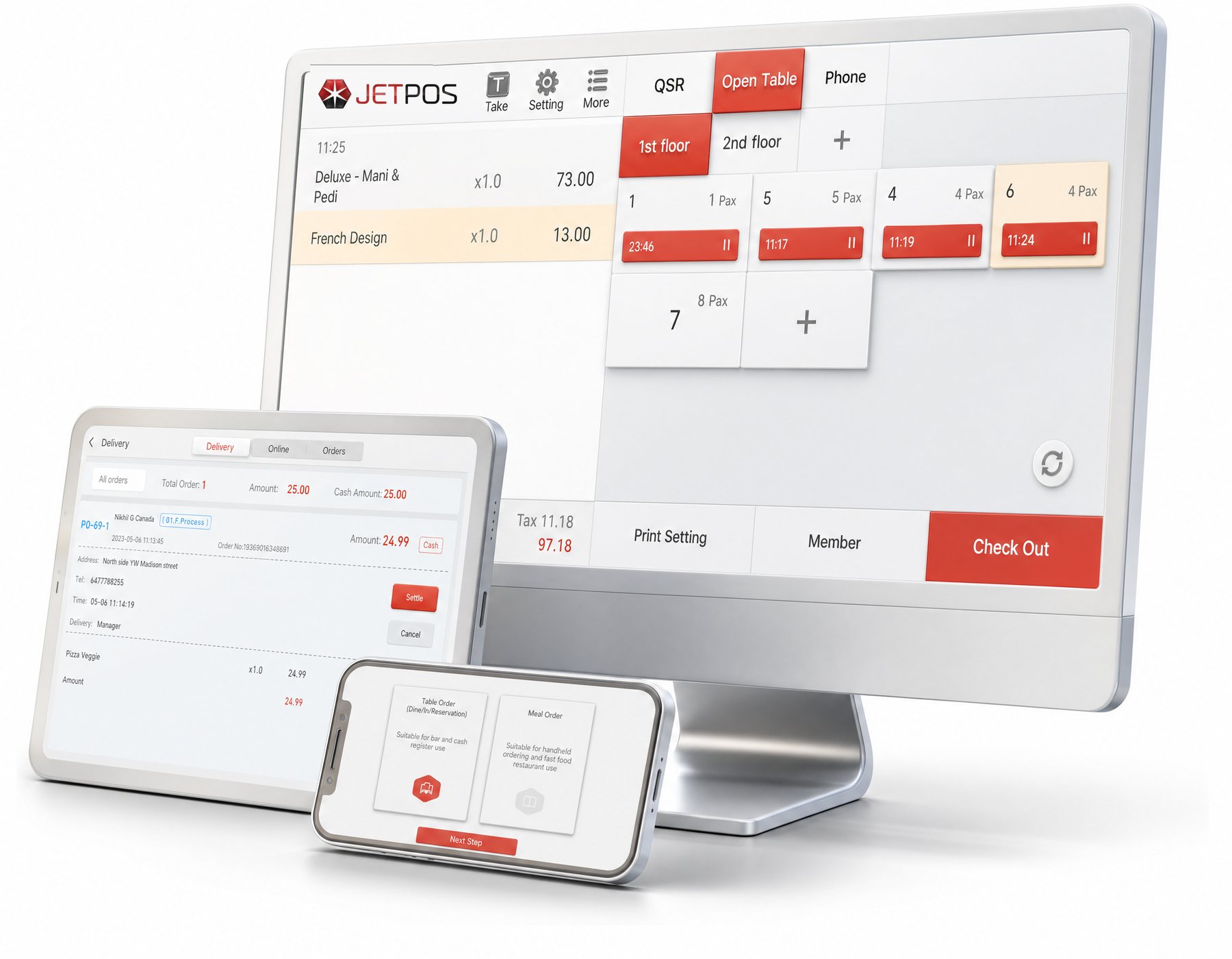 JET POS on station, tablet and phone — tables, delivery and orders