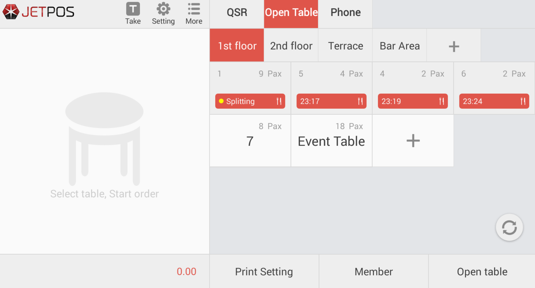JET table floor plan — open tables across 1st floor, terrace and bar area